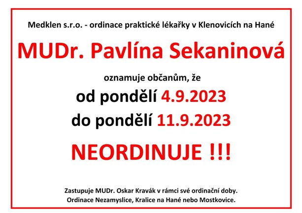 Oznámení - MUDr. Pavlína Sekaninová 4.9.2023 - 11.9.2023 NEORDINUJE.jpg