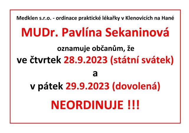 Oznámení - MUDr. Pavlína Sekaninová 28.9.2023 - 29.9.2023 NEORDINUJE.jpg