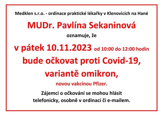 Oznámení - MUDr. Pavlína Sekaninová - očkování Covid-19 - 10.11.2023.jpg