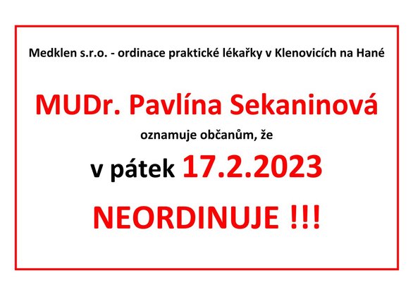 Oznámení - MUDr. Pavlína Sekaninová 17.2.2023 UZAVŘENÍ ORDINACE.jpg